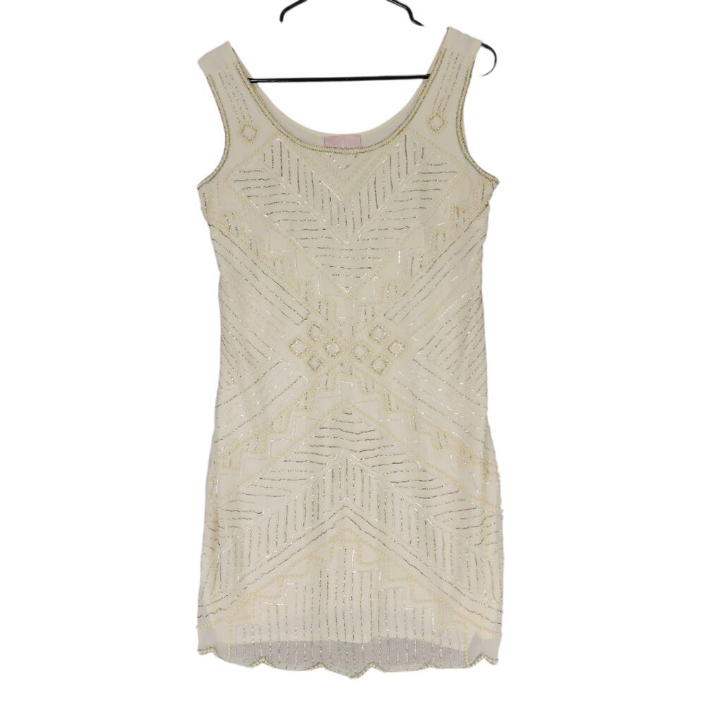 Romeo & Juliet Couture Beaded Sheath Dress sz M Women Mini Cream Pearls Cocktail